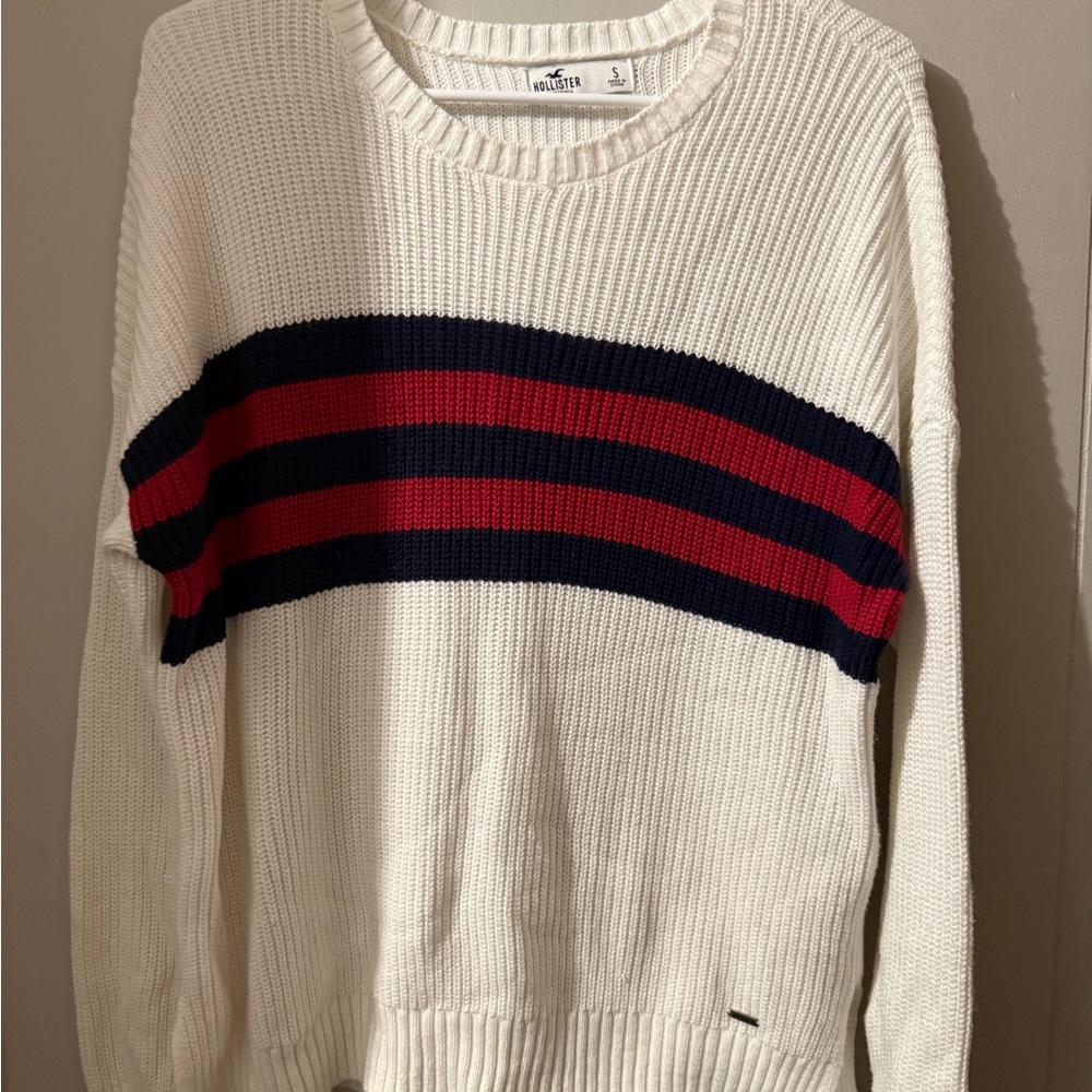 Hollister White Sweater with Red and Blue Stripes